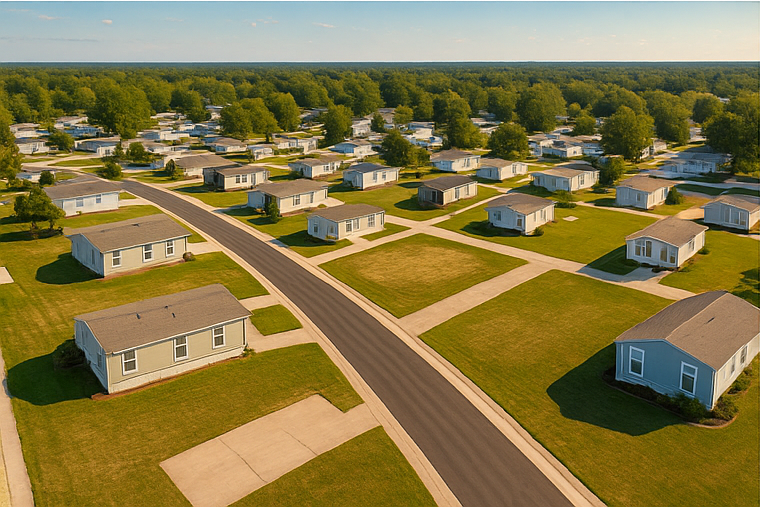 A managed manufactured housing community at sunset